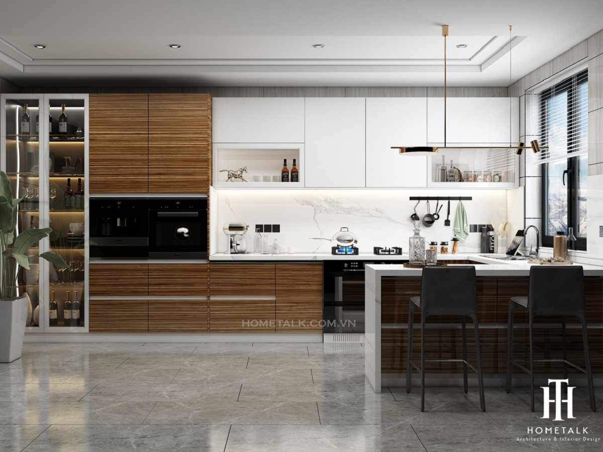 Mẫu thiết kế nội thất phòng bếp liền chung cư mới 2022